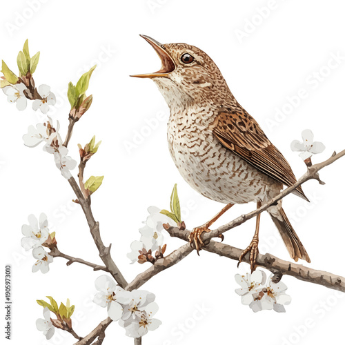 Nightingale, refined watercolor illustration with luminous tones and soft layered brushwork, isolated on a white background.