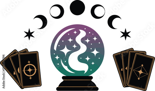 Mystical Crystal Ball with Celestial Moon Symbols and Tarot Cards for Spiritual Esoteric and Witchcraft Themed Graphics, Vector Illustration