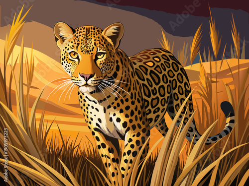 Leopard with spotted coat prowling through dry golden savanna grass under dim light in Hazyview Mpumalanga South Africa dramatic wildlife scene