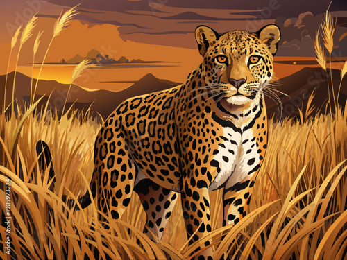 Leopard with spotted coat prowling through dry golden savanna grass under dim light in Hazyview Mpumalanga South Africa dramatic wildlife scene