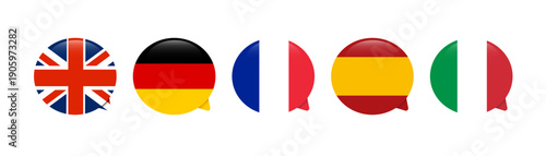 European Language Speech Bubbles with UK, German, French, Spanish and Italian Flags