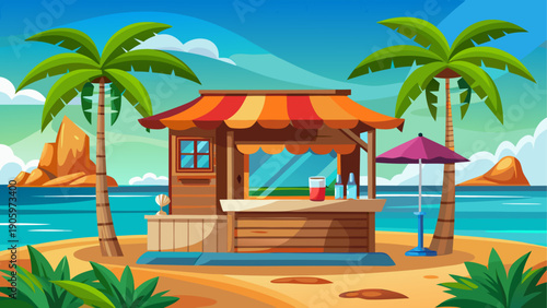 Cartoon vector of a simple wooden cafe hut near the shore with open space blue sea and minimal flat tropical style