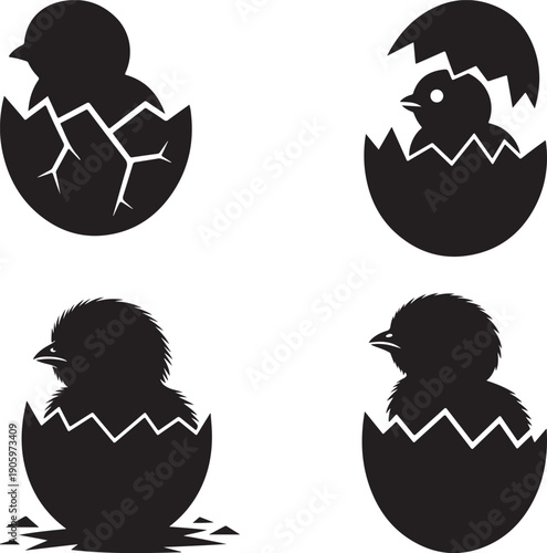 Black Silhouette Chicks Hatching from Eggs white background