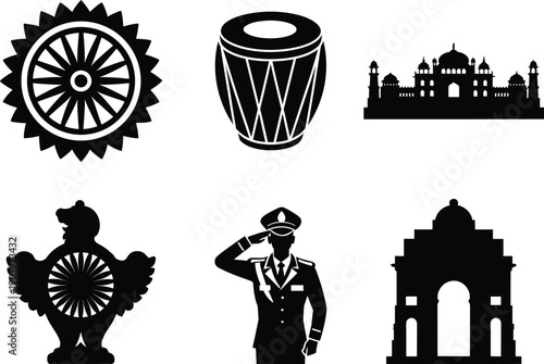 Indian Soldier Saluting with Silhouettes of India Gate, Dhol Drum, Ashoka Chakra and Rooster white background