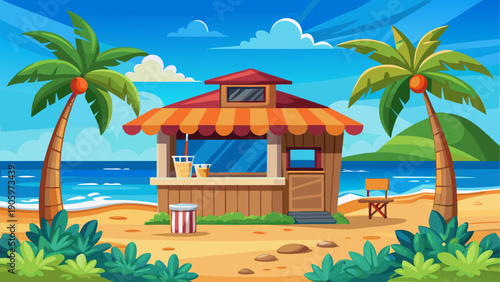 Cartoon vector of a simple wooden cafe hut near the shore with open space blue sea and minimal flat tropical style