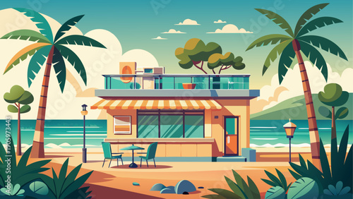 Cartoon vector of a small coastal cafe under palm trees facing the ocean in soft colors minimal flat seaside style
