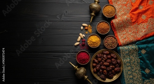 A vibrant arrangement of indian spices and dates on a dark wooden table with colorful fabrics