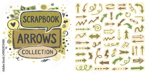 Hand-drawn scrapbook arrows collection with doodle elements and speech bubble, vector illustration for creative design