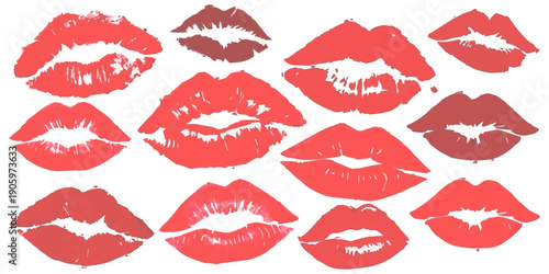 Collection of red and pink lipstick kiss marks on a white background, representing love and passion, vector illustration