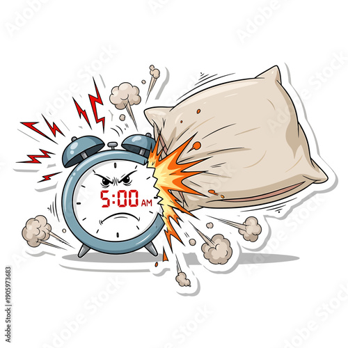 Cute Cartoon Sticker Exploding Alarm Clock with Mail Bag, Shockwave, Explosion, Alertness, Time