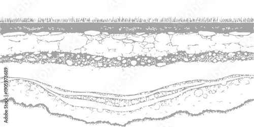 Abstract layered soil strata cross-section with detailed texture and geological cross-section lines, monochrome scientific illustration