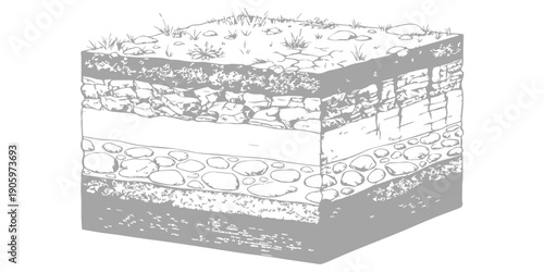 Cross section of earth layers showing soil, rocks, and geological strata in a stylized isometric cube illustration