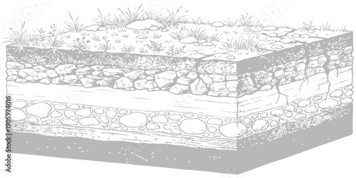 Cross-section illustration of soil layers with rocks and vegetation on top, rendered in a detailed, hand-drawn sketch style