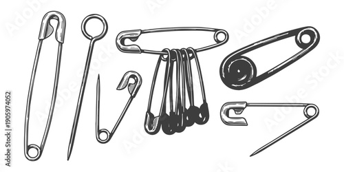Collection of vintage safety pins and sewing needles in a hand-drawn sketch style, isolated on white background.