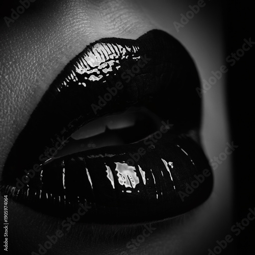 Dramatic close-up of glossy black lips in high-contrast black-and-white portrait.