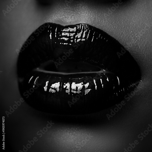 Dramatic close-up of glossy black lips in high-contrast black-and-white portrait.