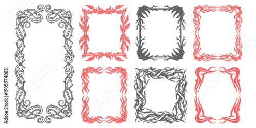 Collection of ornate and decorative vintage frames and borders in coral and charcoal gray for graphic design projects