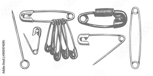 Collection of vintage sewing safety pins and straight pins, hand-drawn illustration style for craft and tailoring needs