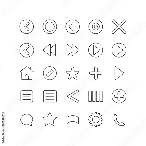 Minimal Outline Media and Navigation UI Icons Set for Mobile and Web Design