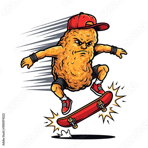Cute Cartoon Sticker of a Dynamic Skateboarder Character in Action, a French Fry Skating Freely
