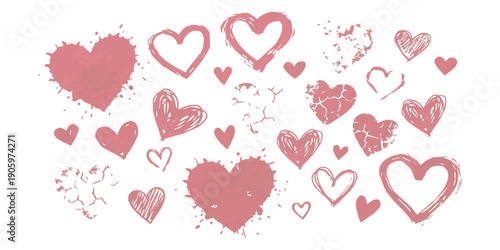 Collection of hand-drawn pink hearts with textured brush strokes and splatters, representing love and affection