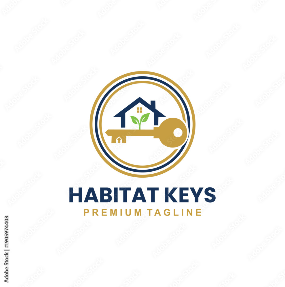 Fototapeta premium A house silhouette merged with a key and a green sprout, symbolizing secure and natural living.