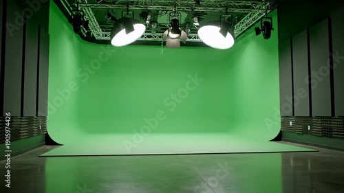 Empty green screen studio with cyclorama wall and overhead softbox lights, clean production stage for video compositing and keying, modern film set mood