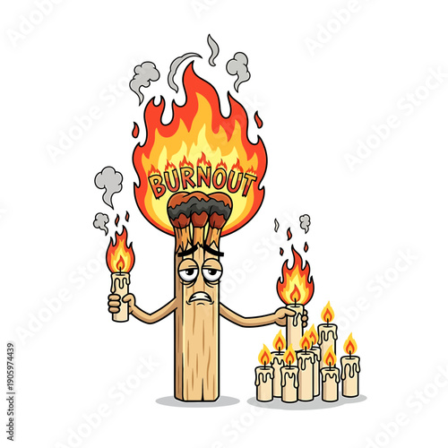 Cute Cartoon Sticker of a Burned Out Matchstick Character Holding Flames in a State of Distress
