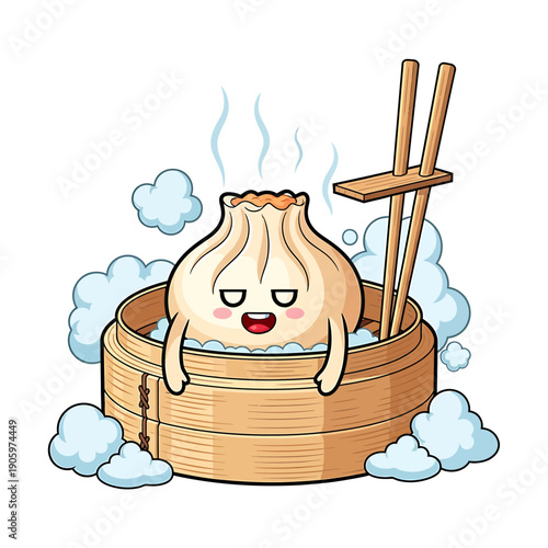 Cute Cartoon Sticker of a Dumpling Relaxing in a Steaming Hot Tub with Chopsticks