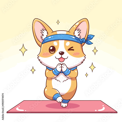 Cute Cartoon Sticker of a Corgi doing Yoga on a Pink Mat with a Peaceful Expression