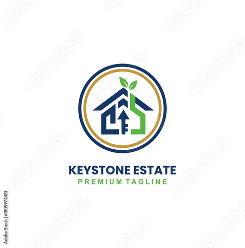 A modern house frame with a key-shaped arrow and leaves, focusing on growth and stability.