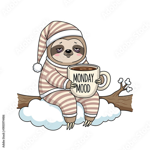 Cute Cartoon Sticker of a Sloth Wearing Pajamas Sitting on a Branch with a Monday Mood Coffee Mug