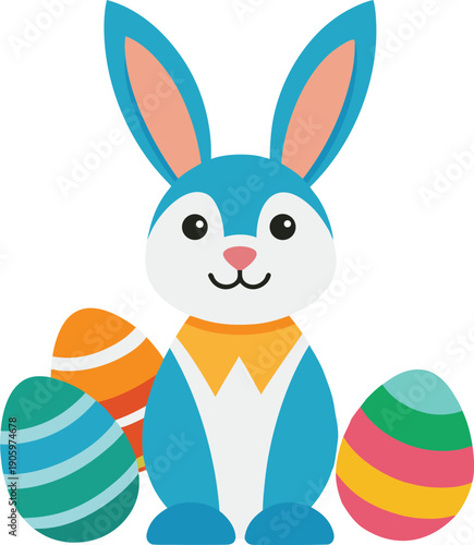 Blue Easter Bunny with Colorful Eggs white background