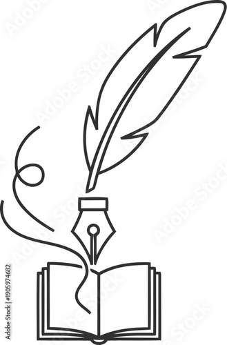 Feather quill poised above an open book in a classic writing scene