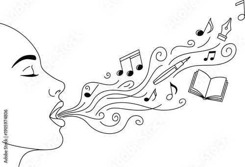 Abstract silhouette of a person listening to musical notes flowing from a device