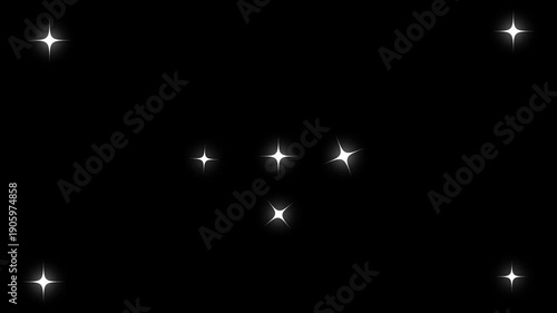White glowing twinkle stars animation with sparkling glitter dust trail, blinking retro vector star doodles, magic particle burst, flat sparkle effect overlay on black screen background. 4k video