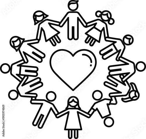 Unity in diversity illustrated with interconnected human icons surrounding a heart