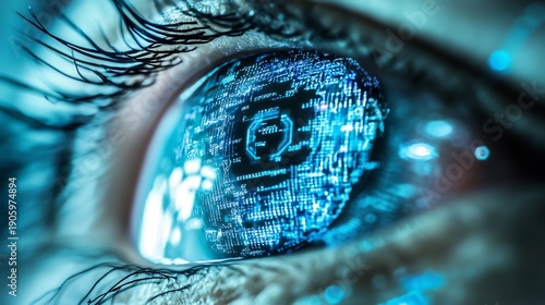 Cybernetic eye with digital circuit board iris and blue light reflection