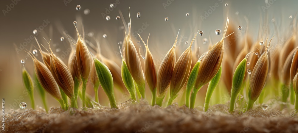 Naklejka premium Macro Close-Up of Barley Grains Sprouting with Emerging Green Shoots