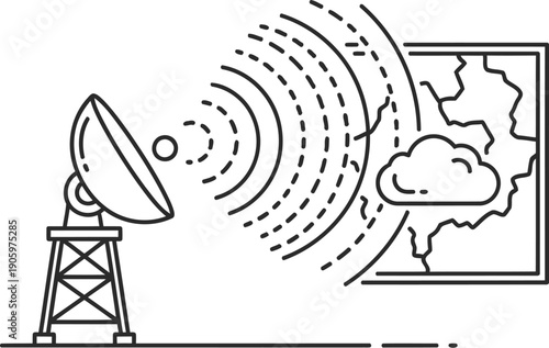 Satellite dish transmitting signal to a building with cloud interference depicted