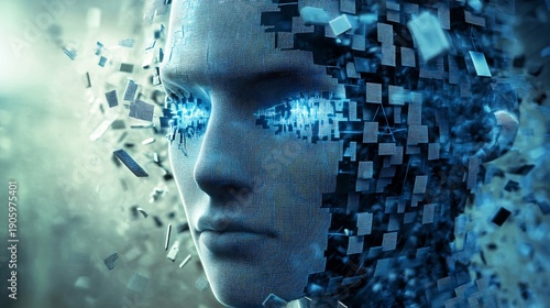 Cybernetic human face disintegrating into digital fragments with blue circuitry and pixelation