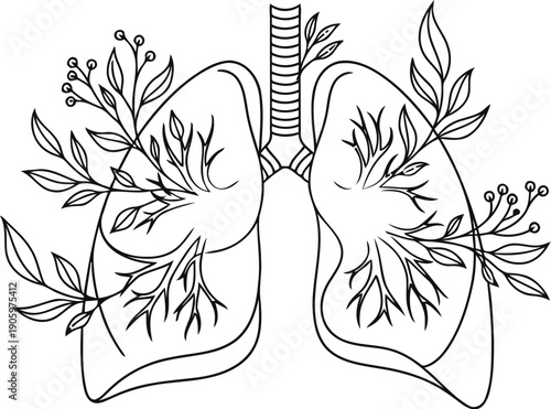 Anatomical illustration of human lungs with botanical elements integrated into the design