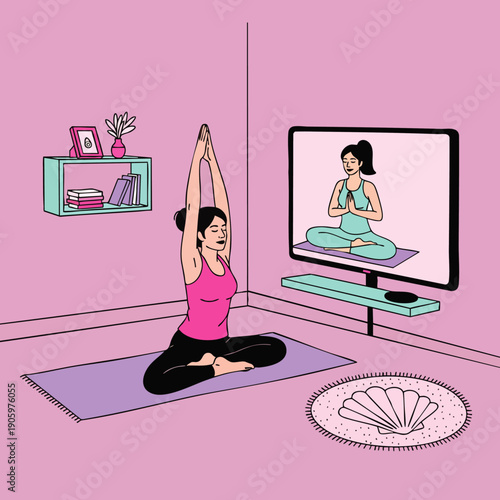 Woman practicing yoga at home, following an online class on her TV screen. Embracing wellness, mindfulness, and a healthy lifestyle indoors.