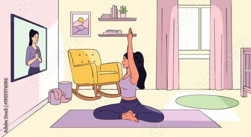 Peaceful young woman practicing yoga at home, following an online instructor on TV, embracing wellness and mindfulness in her cozy living room for health and relaxation.