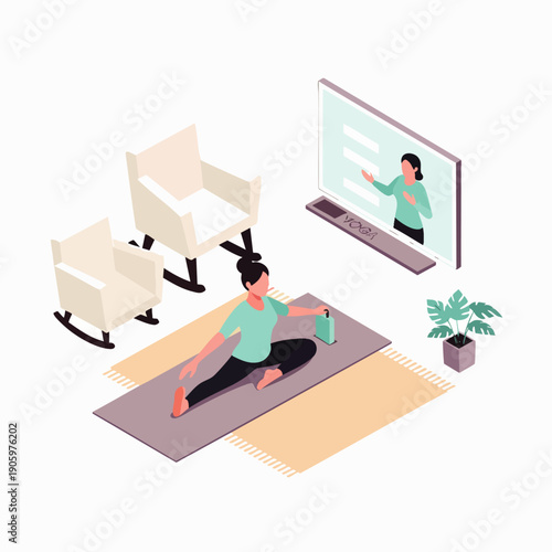 Woman practicing yoga at home with an online instructor on a large screen, embracing virtual fitness and a healthy lifestyle in a cozy living room setting.