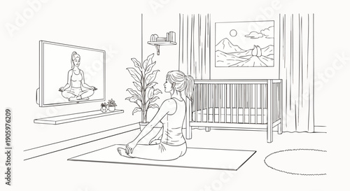 Woman practicing yoga at home, following an online class on TV, finding wellness and relaxation in her living space. Healthy lifestyle and self-care concept.
