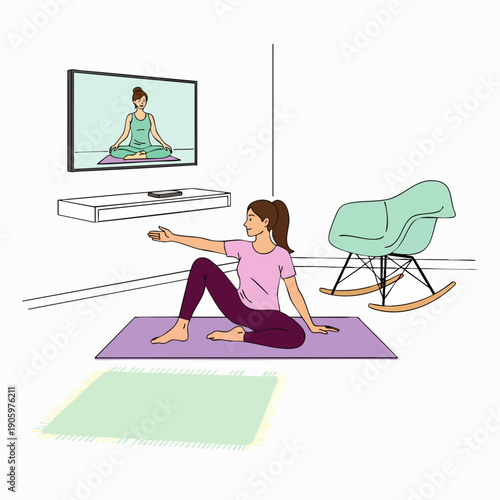 Young woman doing yoga twist pose at home, guided by a virtual instructor on a large screen, emphasizing remote fitness and healthy lifestyle.