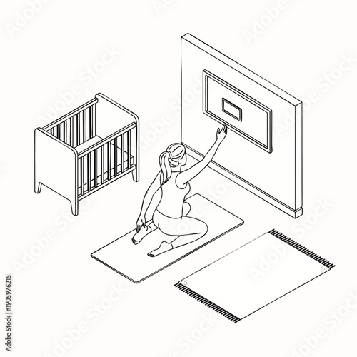 Pregnant woman doing prenatal yoga at home, interacting with a smart screen for fitness or relaxation, preparing for motherhood in a modern nursery setting.