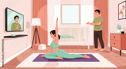 Young woman practicing yoga at home with online instructor on TV, partner watches. Modern couple's healthy lifestyle, fitness, and wellness in cozy home.