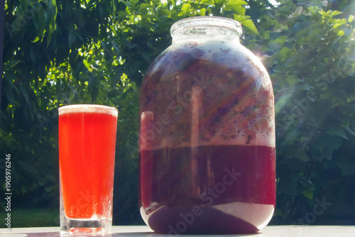 Homemade raspberry kombucha in a jar and glass against the sun in a summer garden